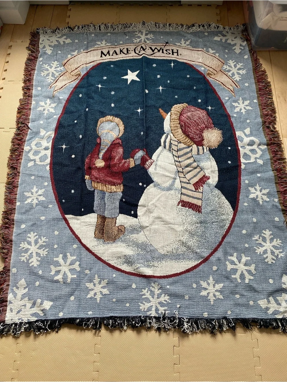 Vintage Throw Blanket - Blue Snowman & Child Design